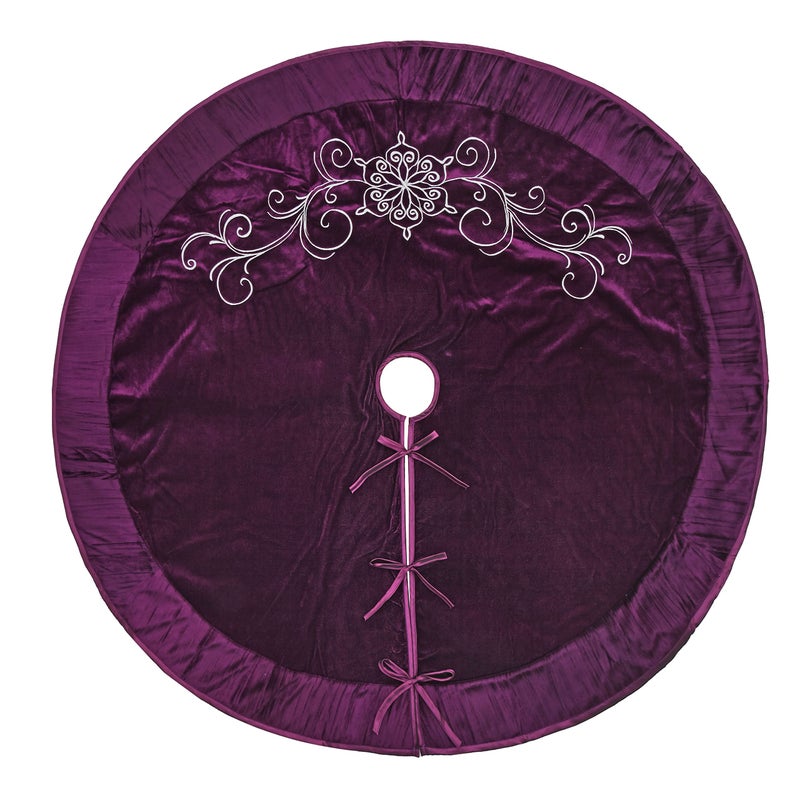 ONGLYP X.Sem Flower Embroidered Velvet Christmas Tree Skirt with Pleat Velvet Border 50'' Purple (50 inch) - Image 2